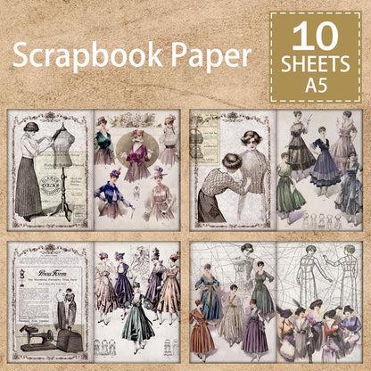 A5 10 Sheets Fashion Dress Style Poses Background, Vintage Grunge Scrapbook Journal Planning Paper