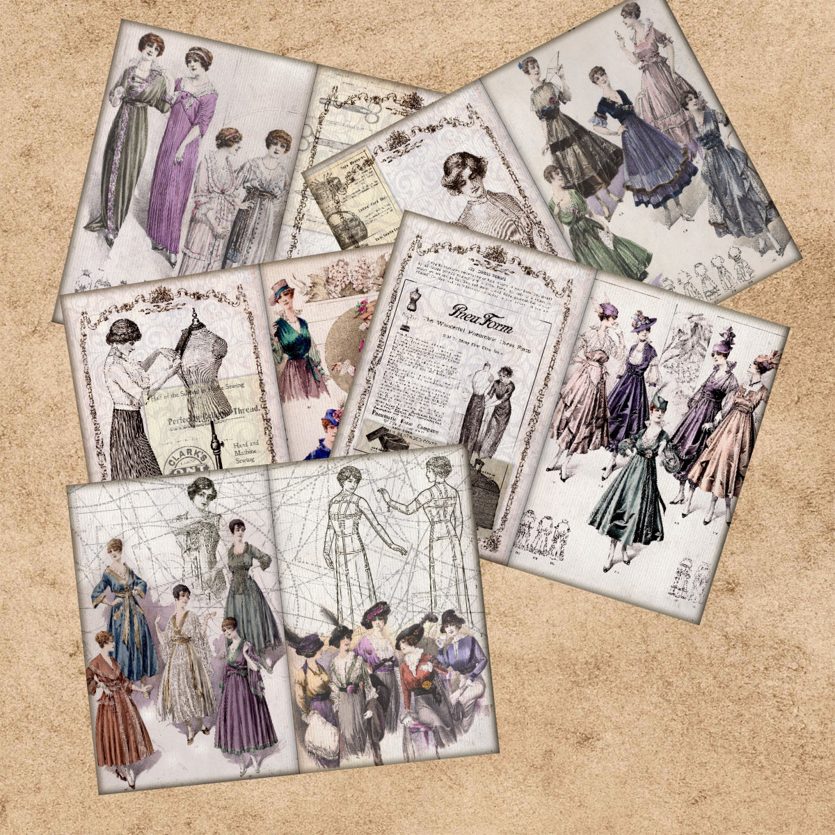 A5 10 Sheets Fashion Dress Style Poses Background, Vintage Grunge Scrapbook Journal Planning Paper