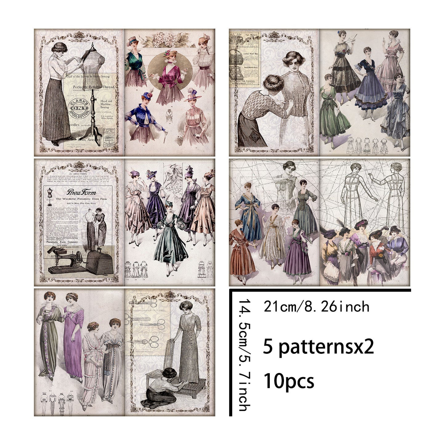 A5 10 Sheets Fashion Dress Style Poses Background, Vintage Grunge Scrapbook Journal Planning Paper