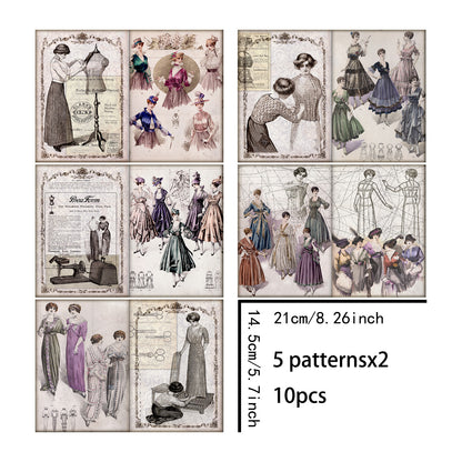 A5 10 Sheets Fashion Dress Style Poses Background, Vintage Grunge Scrapbook Journal Planning Paper