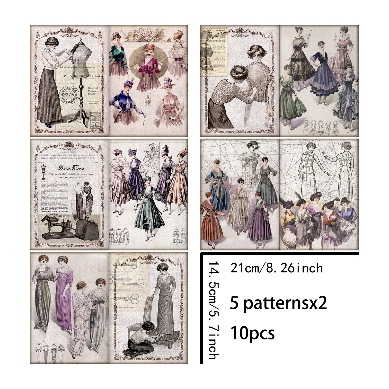 A5 10 Sheets Fashion Dress Style Poses Background, Vintage Grunge Scrapbook Journal Planning Paper