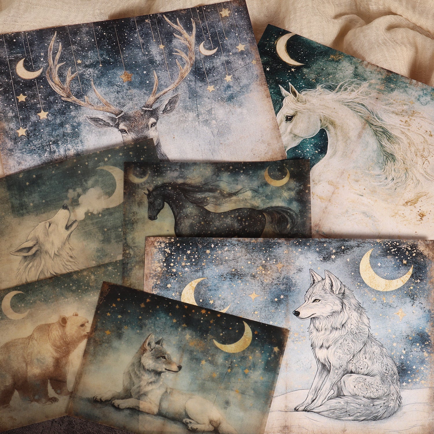 DIY Scrapbook Paper Set, 16 A5 Papers, 8 Transparent Sulfuric Acid Papers, 36 Astrology Animal Stickers for Crafts