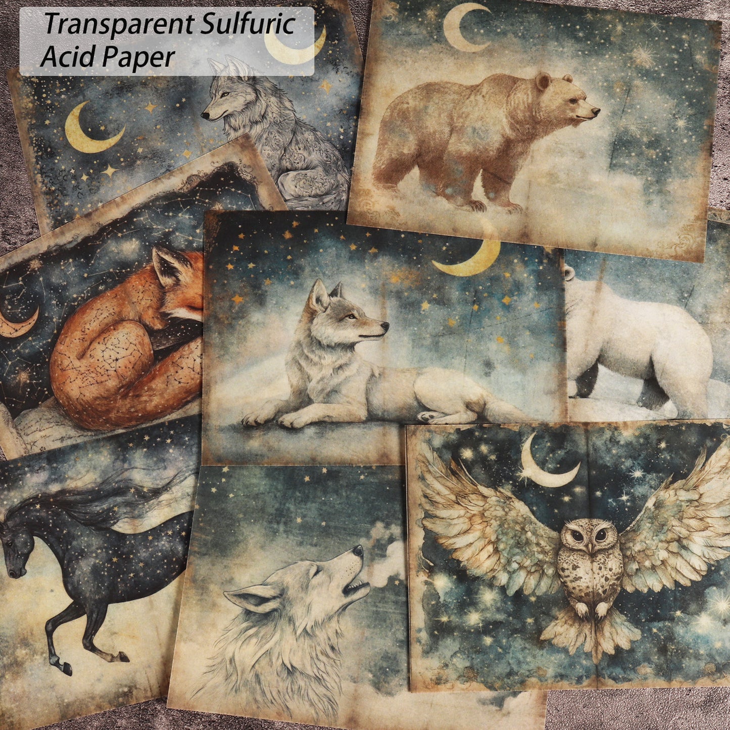 DIY Scrapbook Paper Set, 16 A5 Papers, 8 Transparent Sulfuric Acid Papers, 36 Astrology Animal Stickers for Crafts