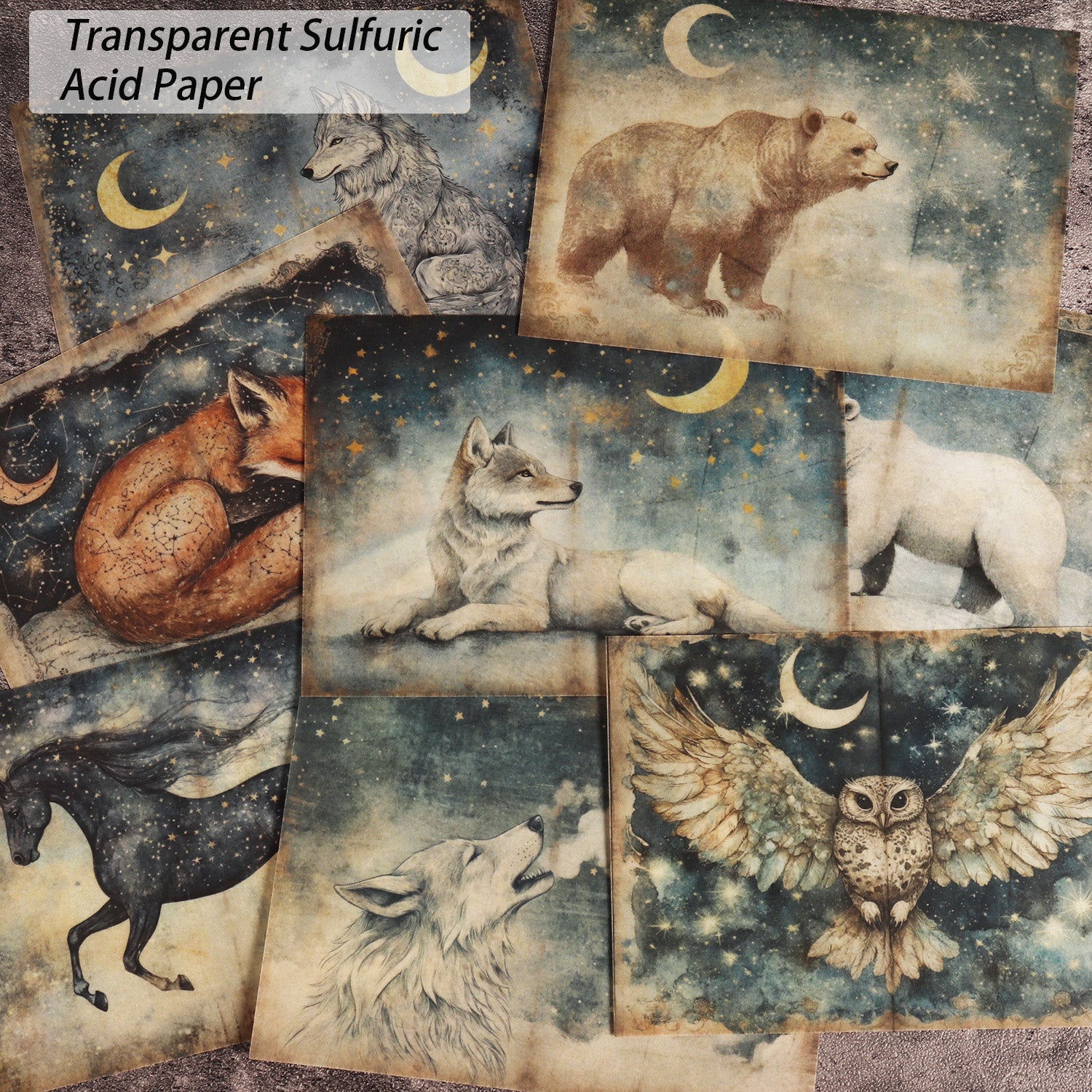 DIY Scrapbook Paper Set, 16 A5 Papers, 8 Transparent Sulfuric Acid Papers, 36 Astrology Animal Stickers for Crafts