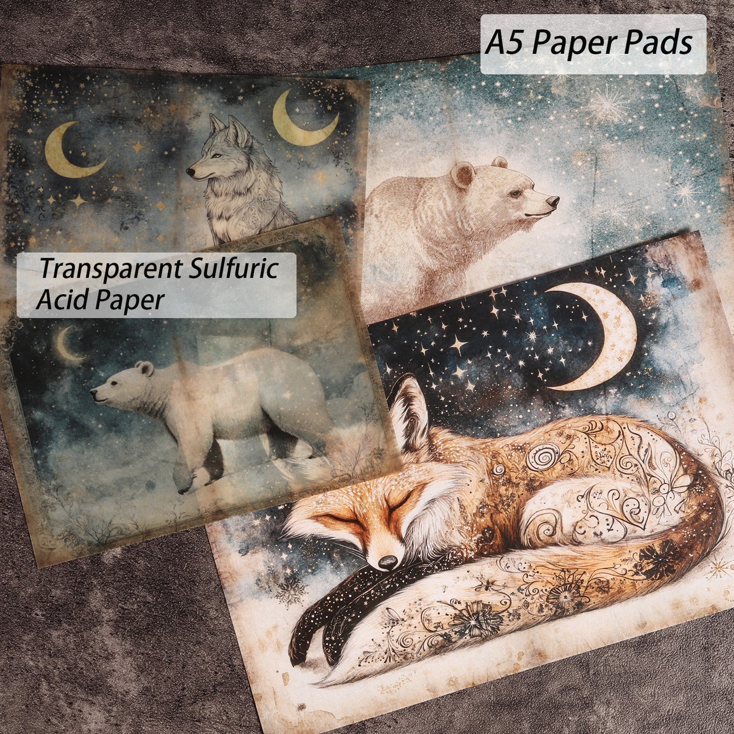 DIY Scrapbook Paper Set, 16 A5 Papers, 8 Transparent Sulfuric Acid Papers, 36 Astrology Animal Stickers for Crafts