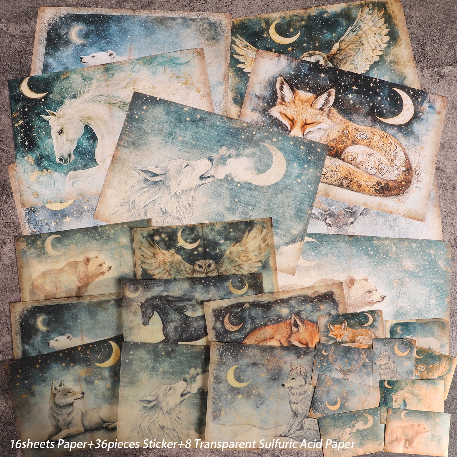 DIY Scrapbook Paper Set, 16 A5 Papers, 8 Transparent Sulfuric Acid Papers, 36 Astrology Animal Stickers for Crafts