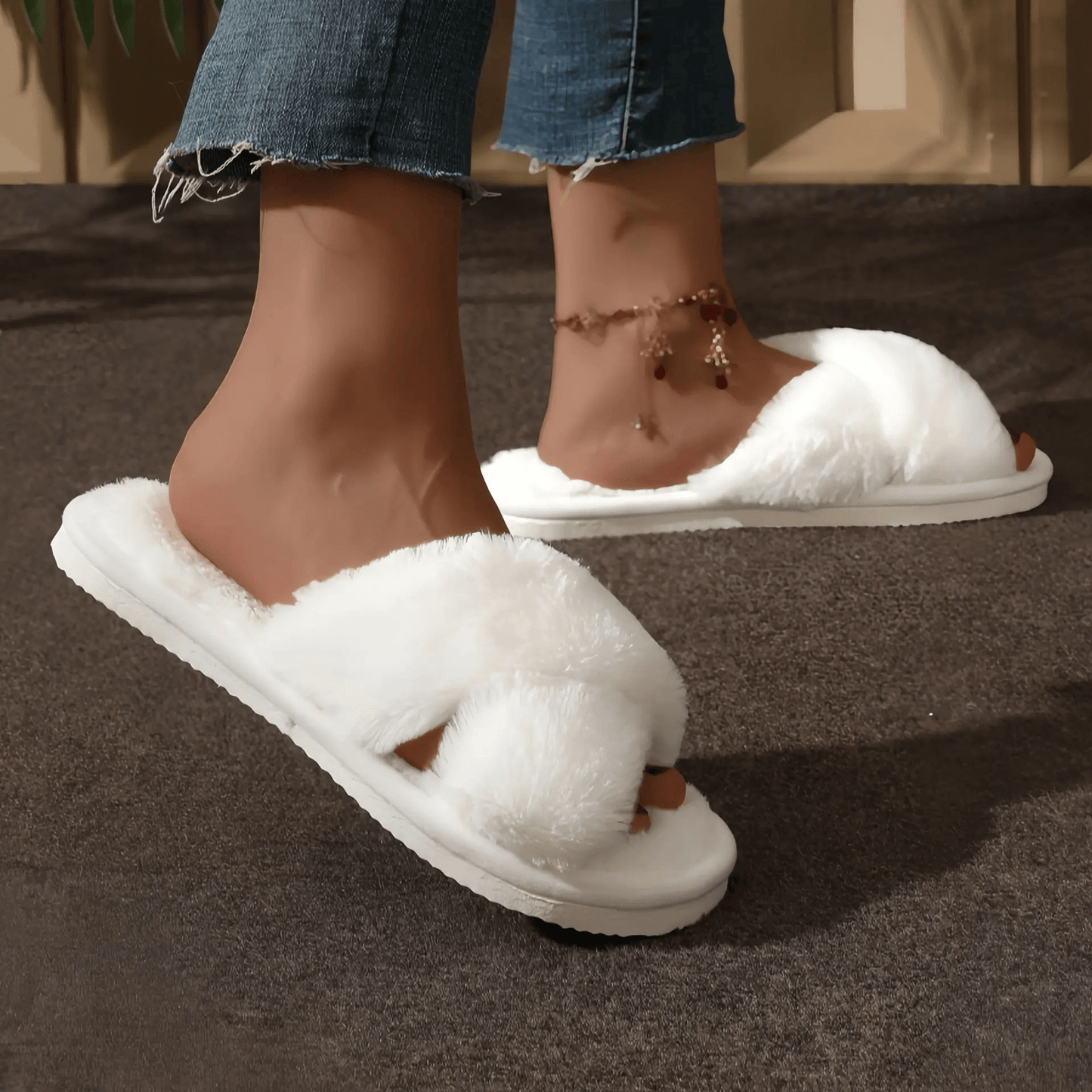 CozyCross Womens Fuzzy Slippers Soft Fur Indoor Open Toe Slides 2