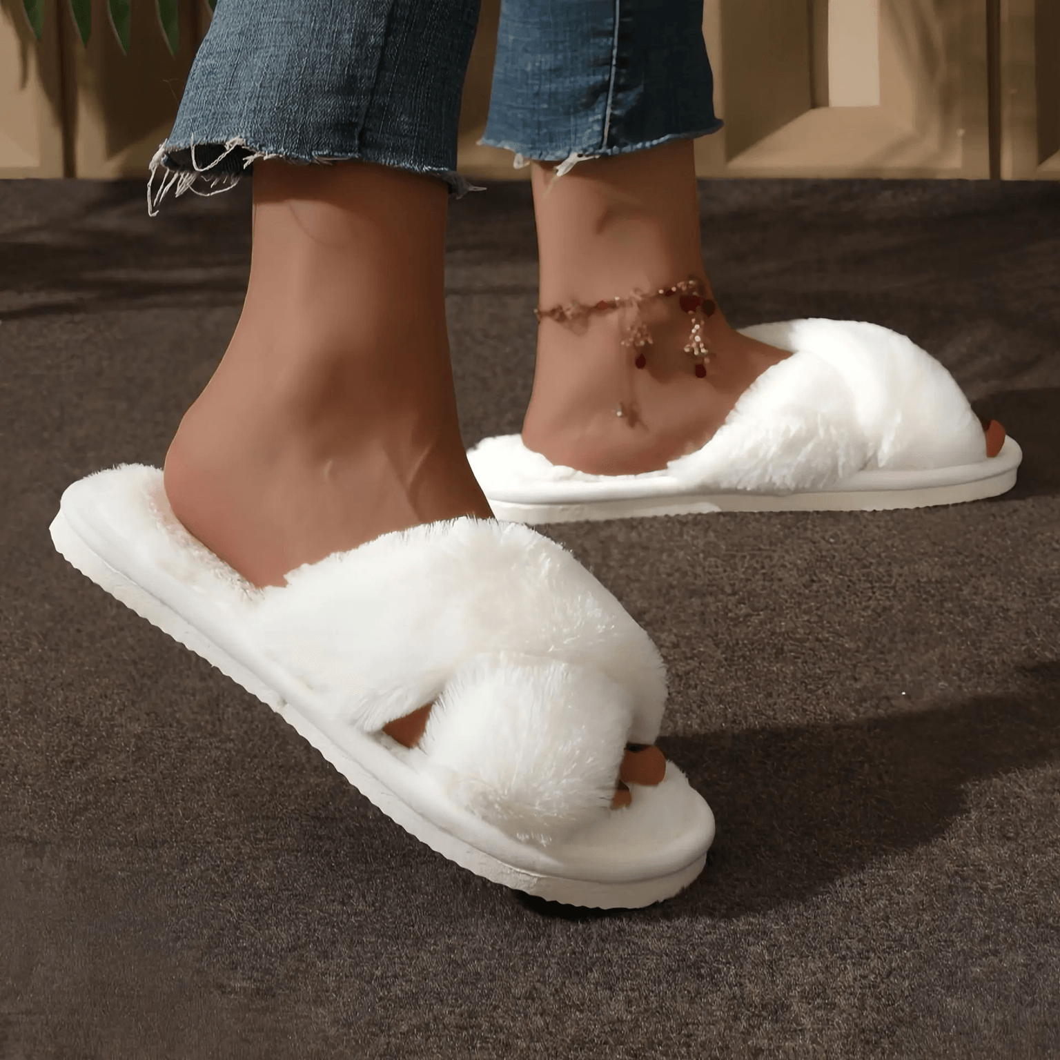 CozyCross Womens Fuzzy Slippers Soft Fur Indoor Open Toe Slides 2