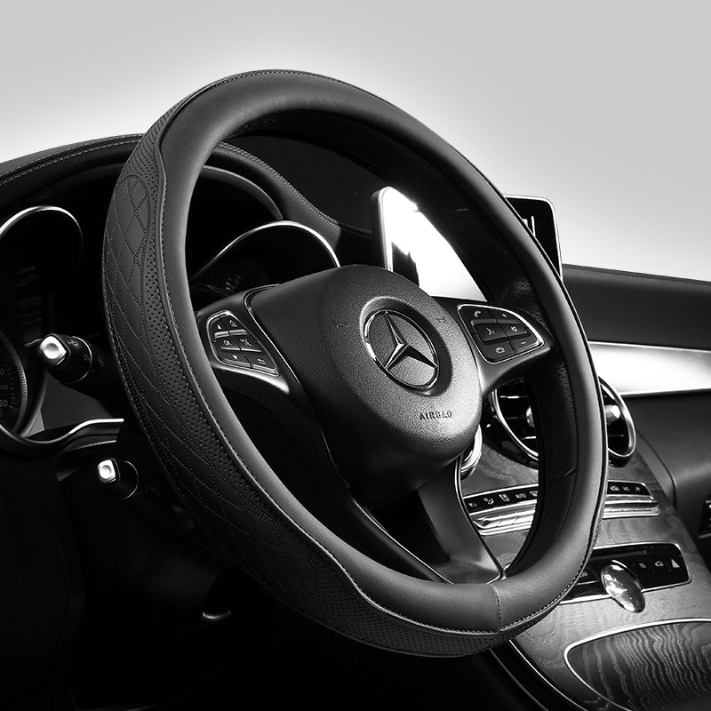 Premium Napa Leather Perforated Patchwork Car Steering Wheel Cover, Non-Slip, Breathable, Universal Auto Interior