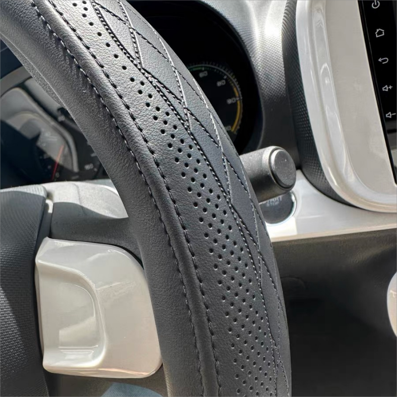 Premium Napa Leather Perforated Patchwork Car Steering Wheel Cover, Non-Slip, Breathable, Universal Auto Interior