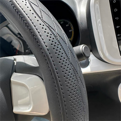Premium Napa Leather Perforated Patchwork Car Steering Wheel Cover, Non-Slip, Breathable, Universal Auto Interior