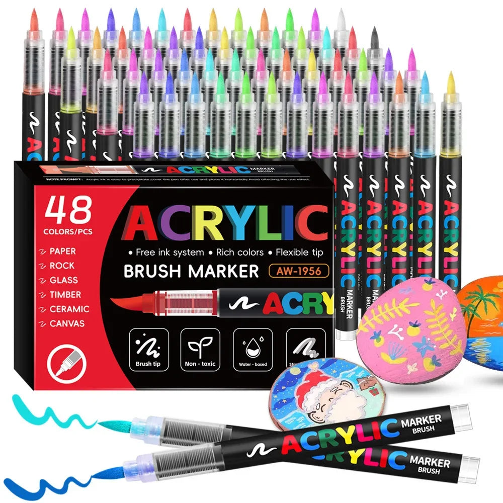 Waterproof Acrylic Marker Pen Set, DIY Brush Tip Drawing Paint Marker, Art School Supplies Stationery Kit