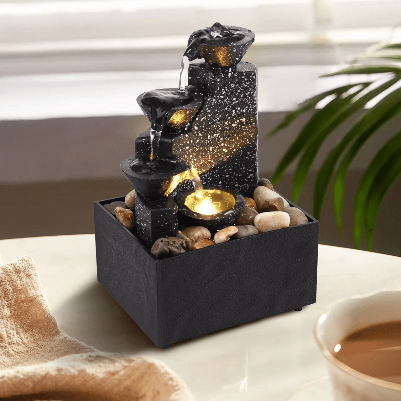 TranquilFlow Tabletop Water Fountain with LED Lights for Home and Office