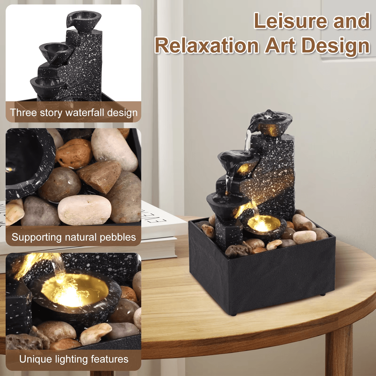 TranquilFlow Tabletop Water Fountain With LED Lights For Home And Office 3