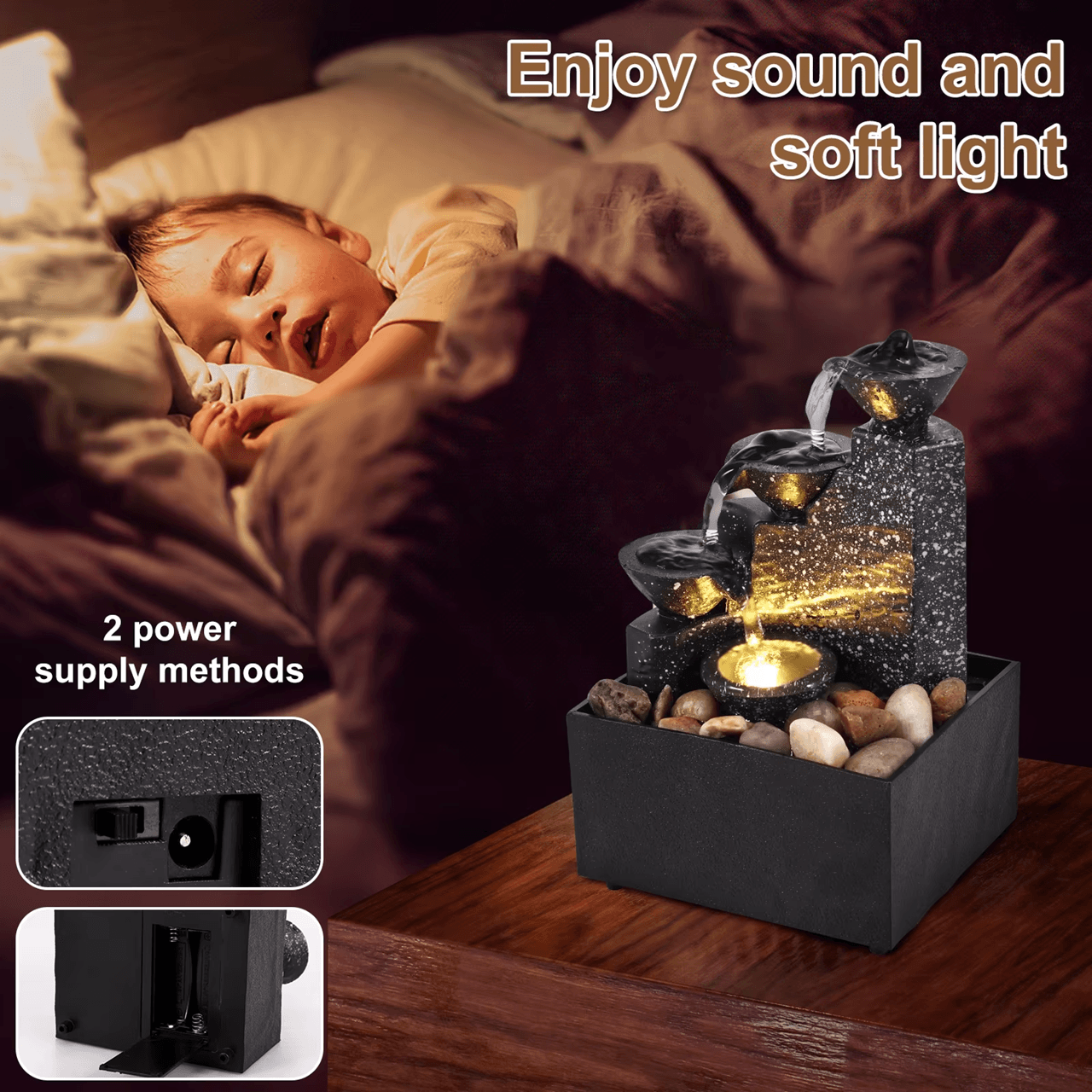 TranquilFlow Tabletop Water Fountain With LED Lights For Home And Office 4