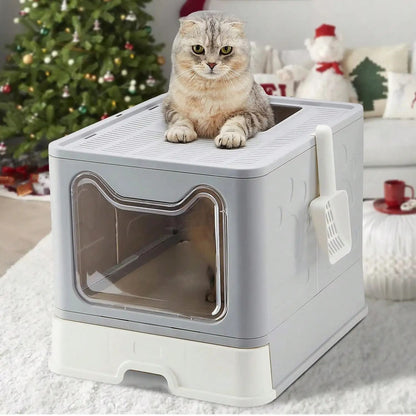 Foldable Cat Litter Box with Drawer and Scooper for Easy Cleaning
