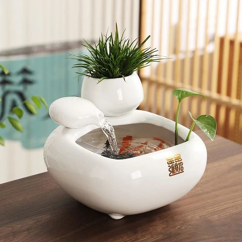 Ceramic Waterfall Fountain Vase With Calming LED Hydroponic Fish Tank For Home And Office Decor 1