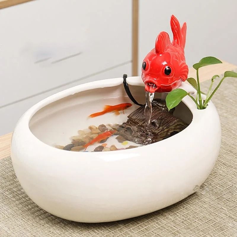 Ceramic Waterfall Fountain Vase With Calming LED Hydroponic Fish Tank For Home And Office Decor 6