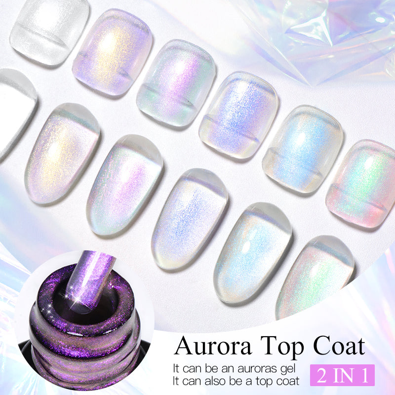 7ML Aurora Top Coat, Reflective Glitter Gel Nail Polish 6 Colors, Semi Permanent UV Gel Nail Art