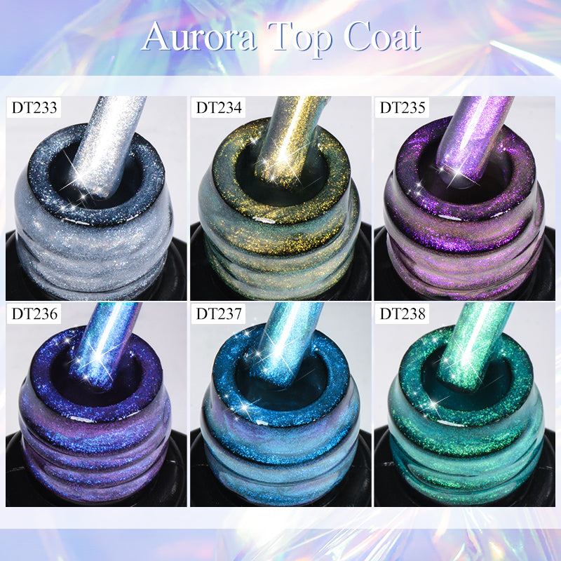 7ML Aurora Top Coat, Reflective Glitter Gel Nail Polish 6 Colors, Semi Permanent UV Gel Nail Art