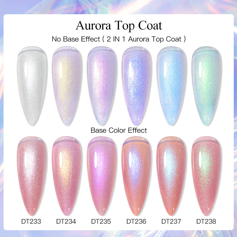 7ML Aurora Top Coat, Reflective Glitter Gel Nail Polish 6 Colors, Semi Permanent UV Gel Nail Art