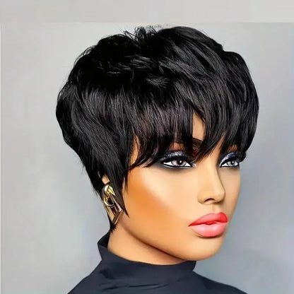 Pixie Cut Human Hair Wig with Bangs Short Bob Layered Brazilian Wig for Women