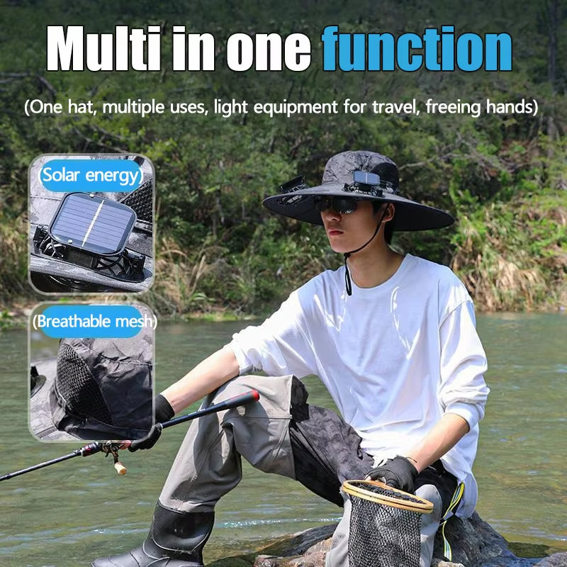 Solar Fan Hat for Outdoor Camping, Fishing, Hiking, Portable Wide Brim Sun Hat with USB/Solar Charging, 3-Speed Fans