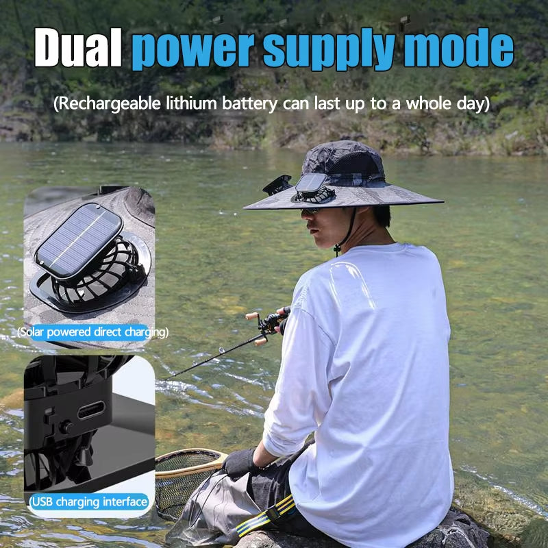 Solar Fan Hat for Outdoor Camping, Fishing, Hiking, Portable Wide Brim Sun Hat with USB/Solar Charging, 3-Speed Fans