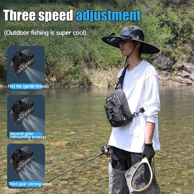Solar Fan Hat for Outdoor Camping, Fishing, Hiking, Portable Wide Brim Sun Hat with USB/Solar Charging, 3-Speed Fans