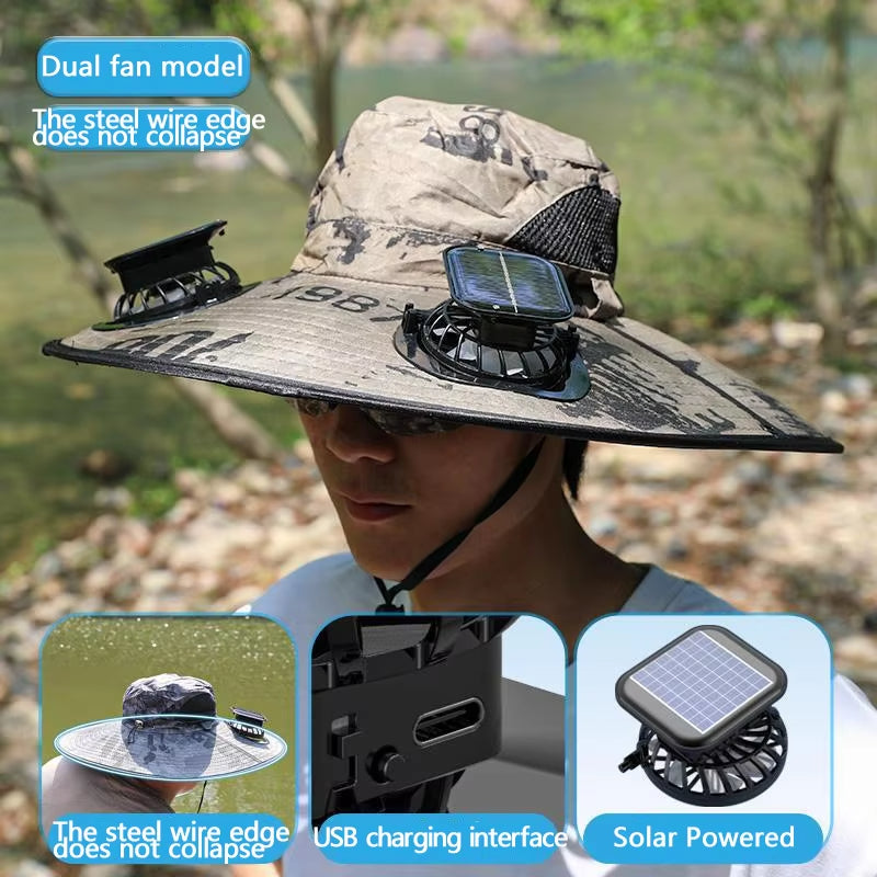 Solar Fan Hat for Outdoor Camping, Fishing, Hiking, Portable Wide Brim Sun Hat with USB/Solar Charging, 3-Speed Fans