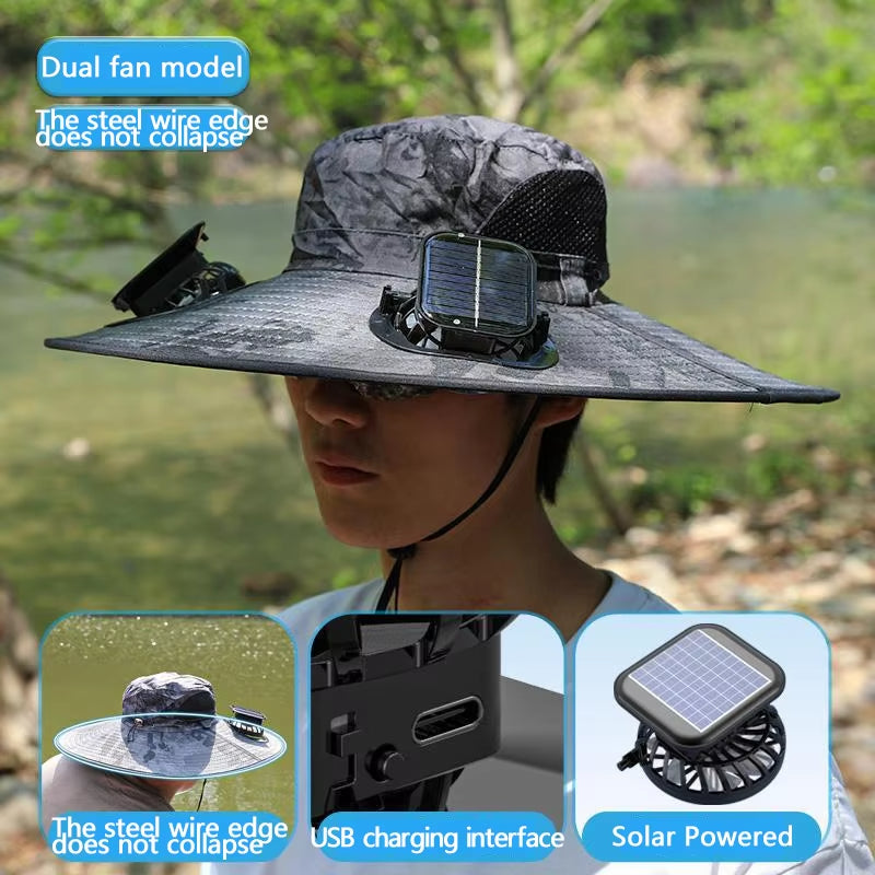 Solar Fan Hat for Outdoor Camping, Fishing, Hiking, Portable Wide Brim Sun Hat with USB/Solar Charging, 3-Speed Fans
