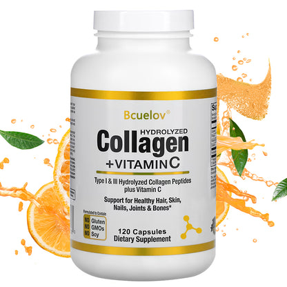 Bcuelov Hydrolyzed Collagen Type I III with Vitamin C, Boost Skin Elasticity, Hair Nails Joint Bone Health, 120 Capsules