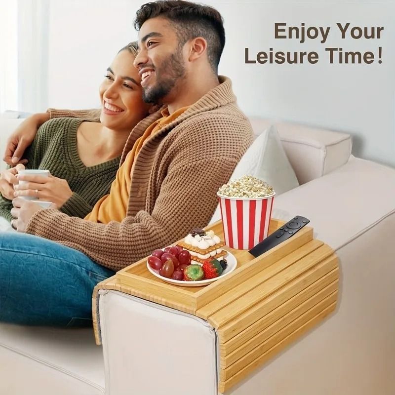 Foldable Bamboo Sofa Armrest Tray With Cup Holder 3