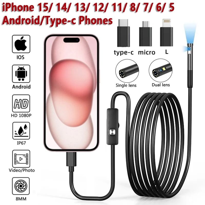 8mm 1080P Endoscope Automotive Borescope Inspection Camera for iPhone Android
