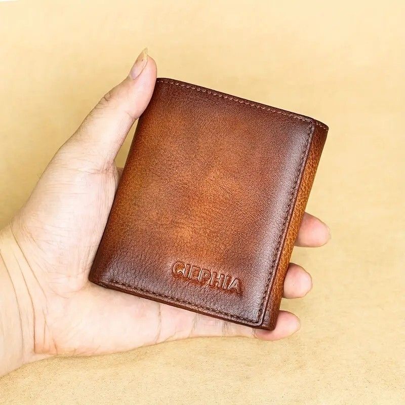 Retro Mens Wallet RFID Anti Theft Brush Short Style Three Fold Design Large Capacity With Photo Slo 9
