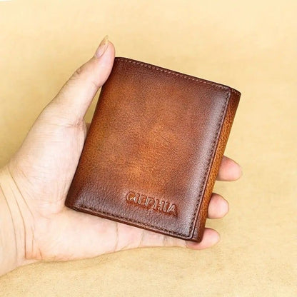 Retro Mens Wallet RFID Anti Theft Brush Short Style Three Fold Design Large Capacity With Photo Slo 9