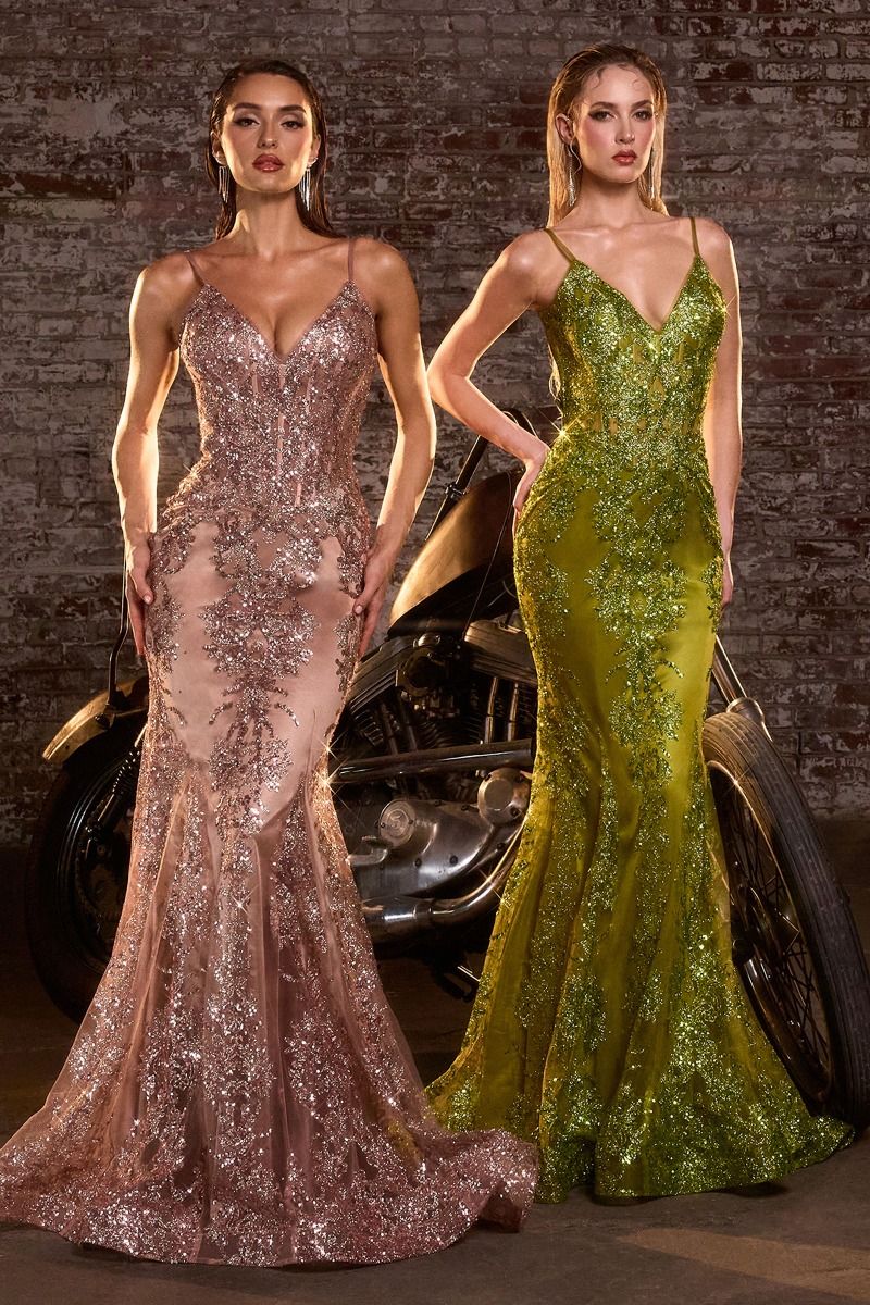 Lyra Gown Greenery FITTED FLORAL GLITTER PRINT CORSET GOWN