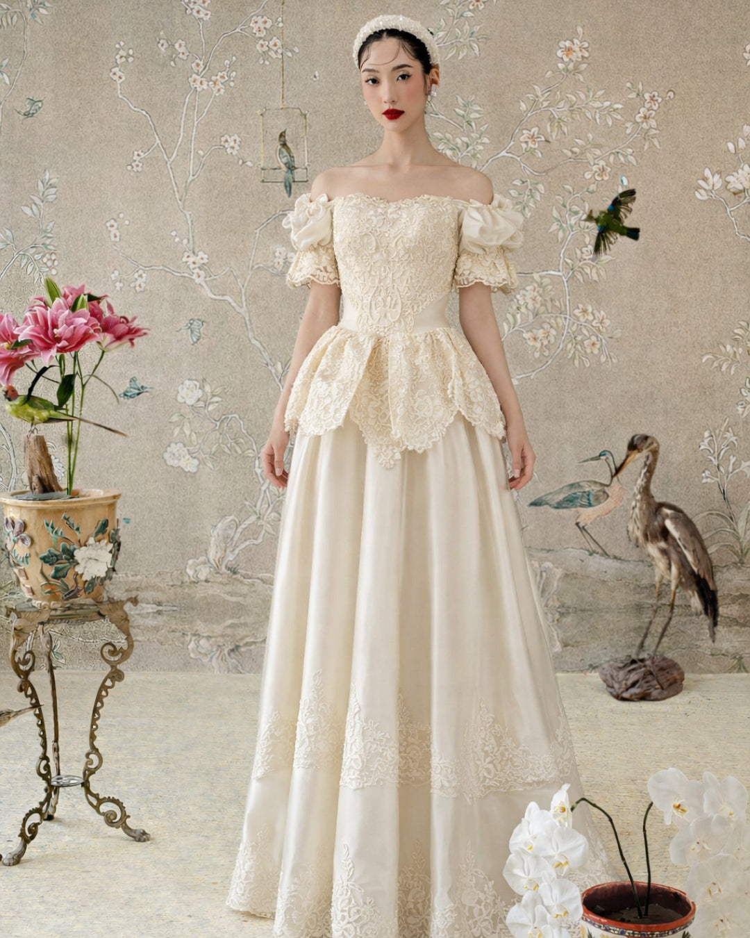 Jelena Vintage Embroidered Satin Maxi Dress Ivory