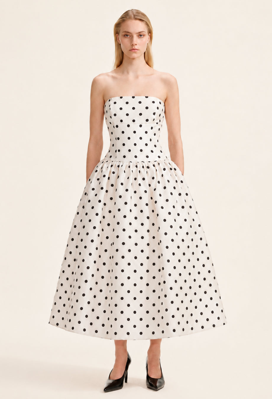 Lucia Strapless Polka Dot Midi Dress Black and White