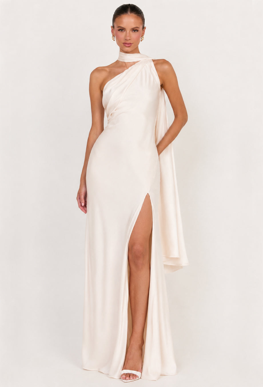 Morven Ivory Satin Maxi Dress with Scarf
