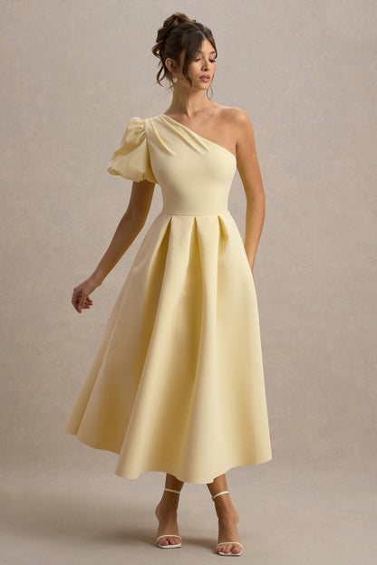 Rochelle | Pale Lemon Asymmetric Puff-Sleeve Midi Dress