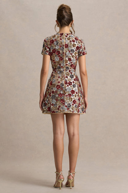 Eira | Red Floral Embellished Sequin Crew-Neck Mini Dress