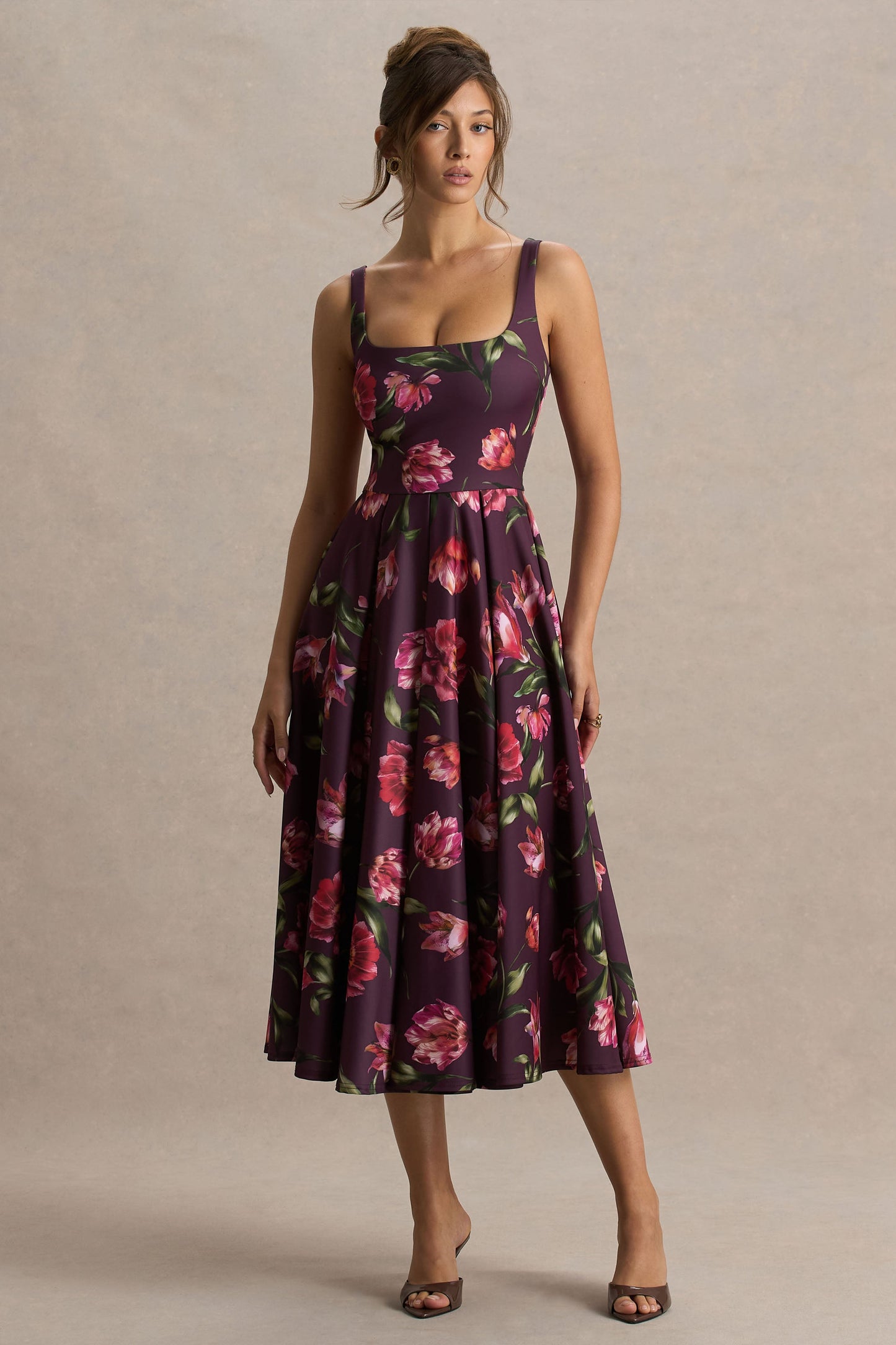 Berta | Burgundy Floral Print Square-Neck Midi Dress