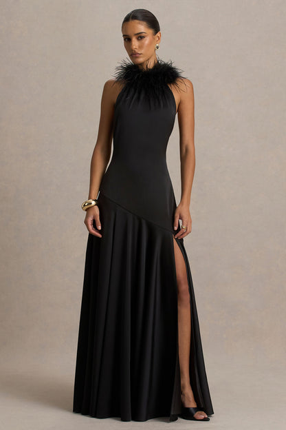 Jemima | Black Satin Halter-Neck Maxi Dress With Feather Trim