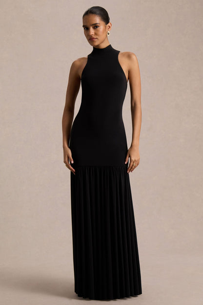 Tasmin | Black High-Neck Maxi Dress With Drop-Waist
