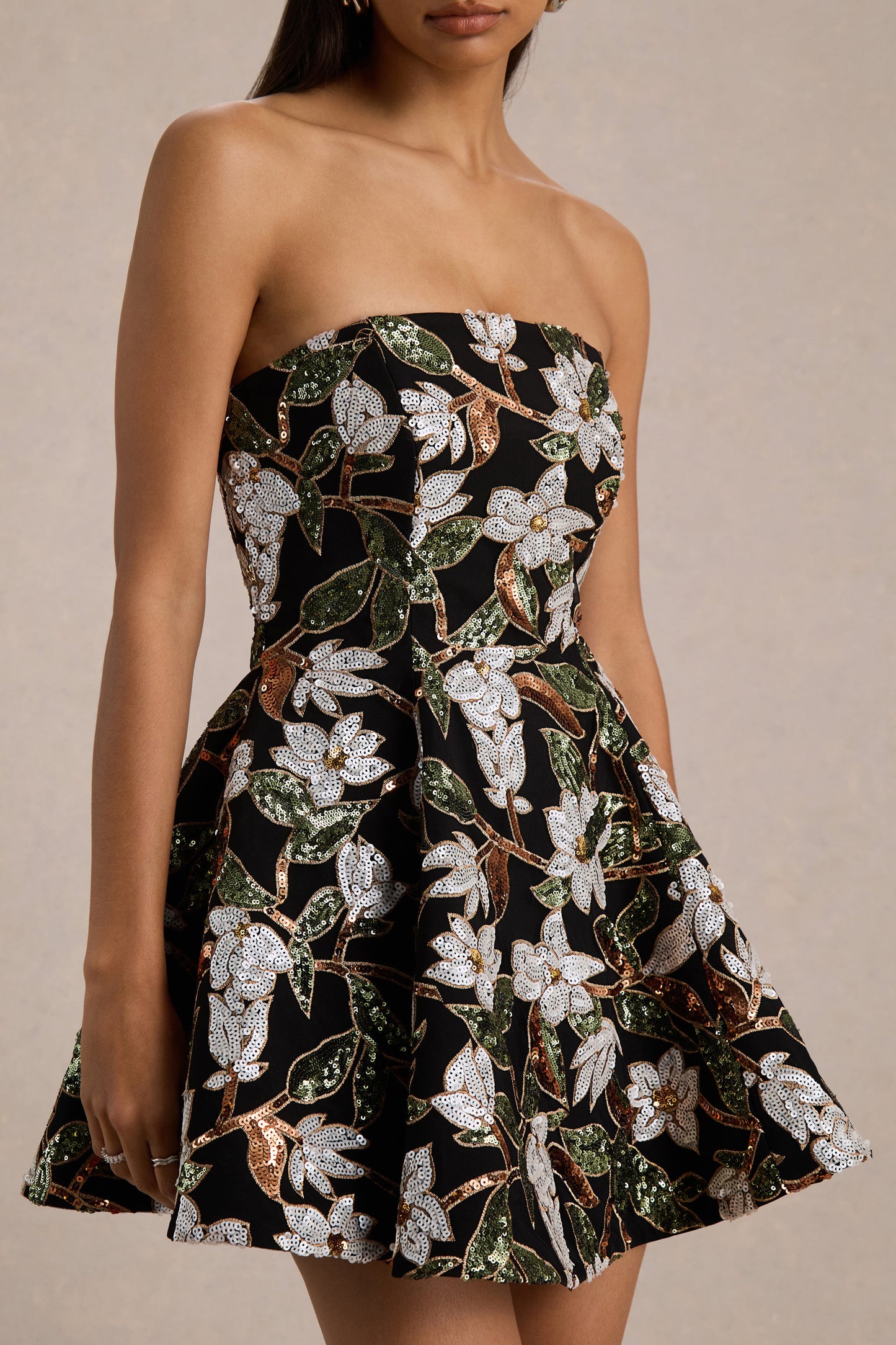 Sparky | Black And Bronze Floral Embellished Bandeau Mini Dress