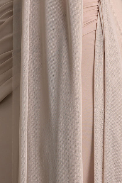 Brenda | Champagne Crew-Neck Maxi Dress With Mesh Cape And Sash