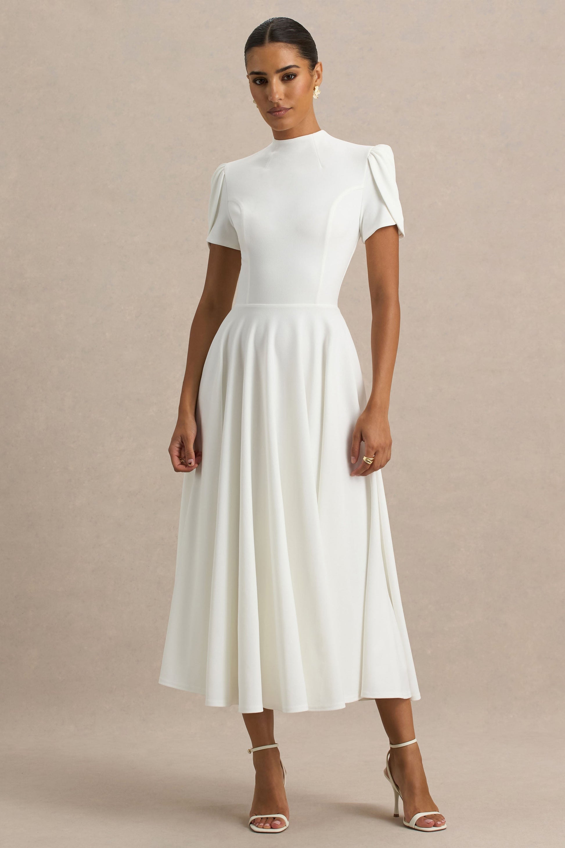 Vicky | White High Neck Midi Dress With Puff Sleeves