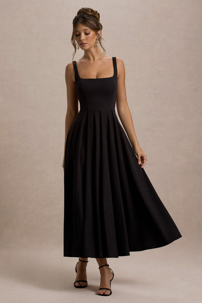 Parina | Black Strappy Volume-Hem Midi Dress