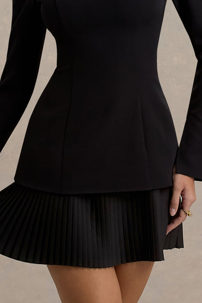 Athena | Black Long-Sleeve Mini Dress With Pleated Hem